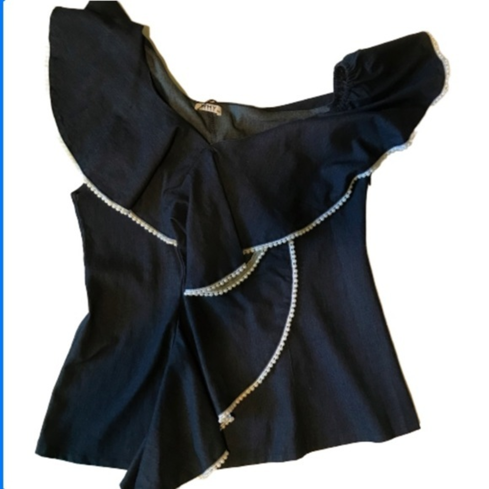 Why Dress Pearl Trim Off Shoulder Top Blue XXL‎